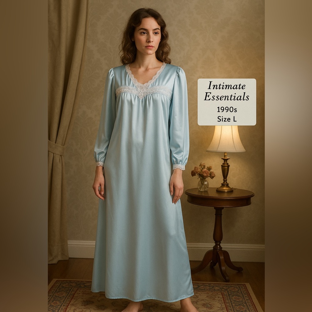 Vintage 90s Intimate Essentials Satin Nightgown L Lace Trim
